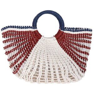 Handmade Unisex Women Blue White Brown Woven Purse Round Handles Sheer Net Bag